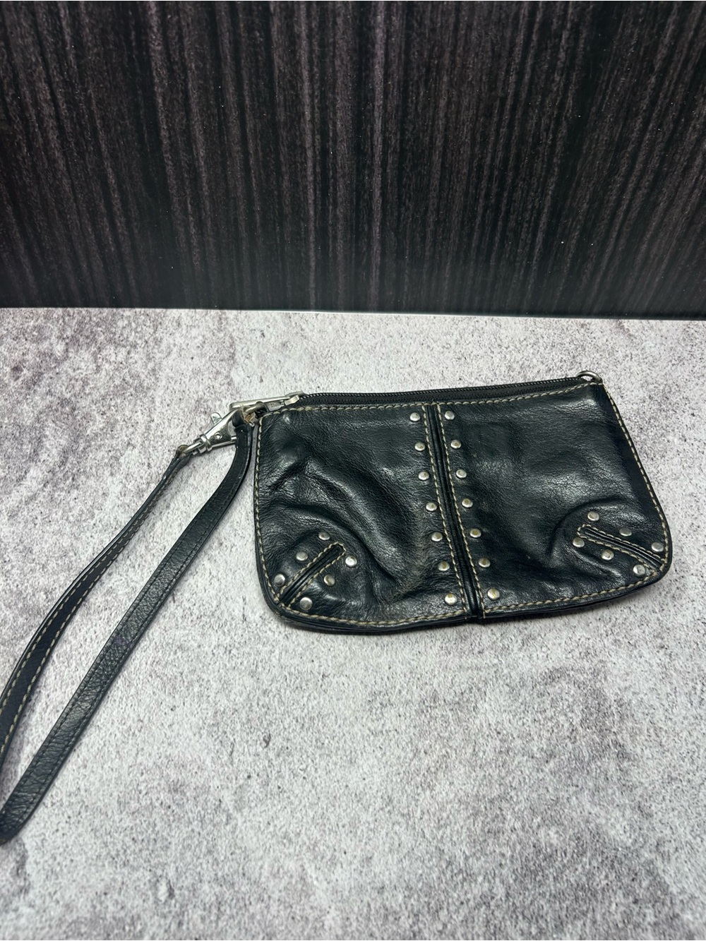 Michael Michael Kors Astor Wristlet Black Leather Silver Rivets Studs